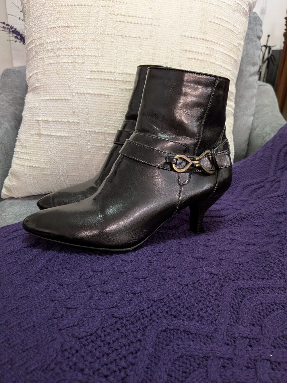 a.n.a Brown Patent Leather Pointed Ankle Booties with Gold-Tone Buckle